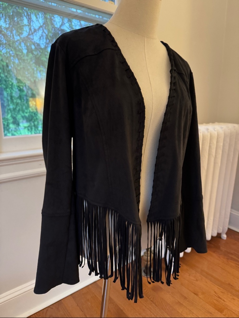 Bob Mackie Black faux Suede Fringe Open-Front Jacket